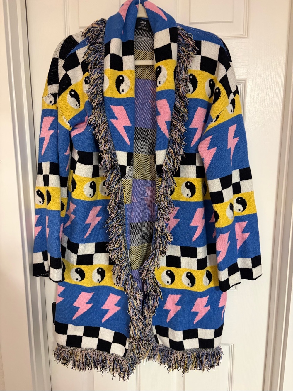 Dressed in LALA Blue Pink Yellow Graphic Fringe Open Cardigan